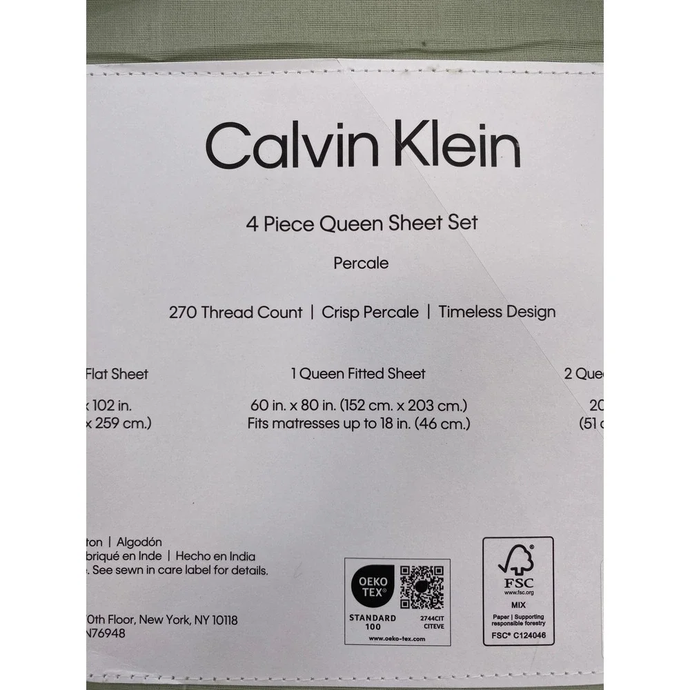 Calvin Klein Sheet Set Queen Sage Green Cotton Percale 270TC Earthy Modern
